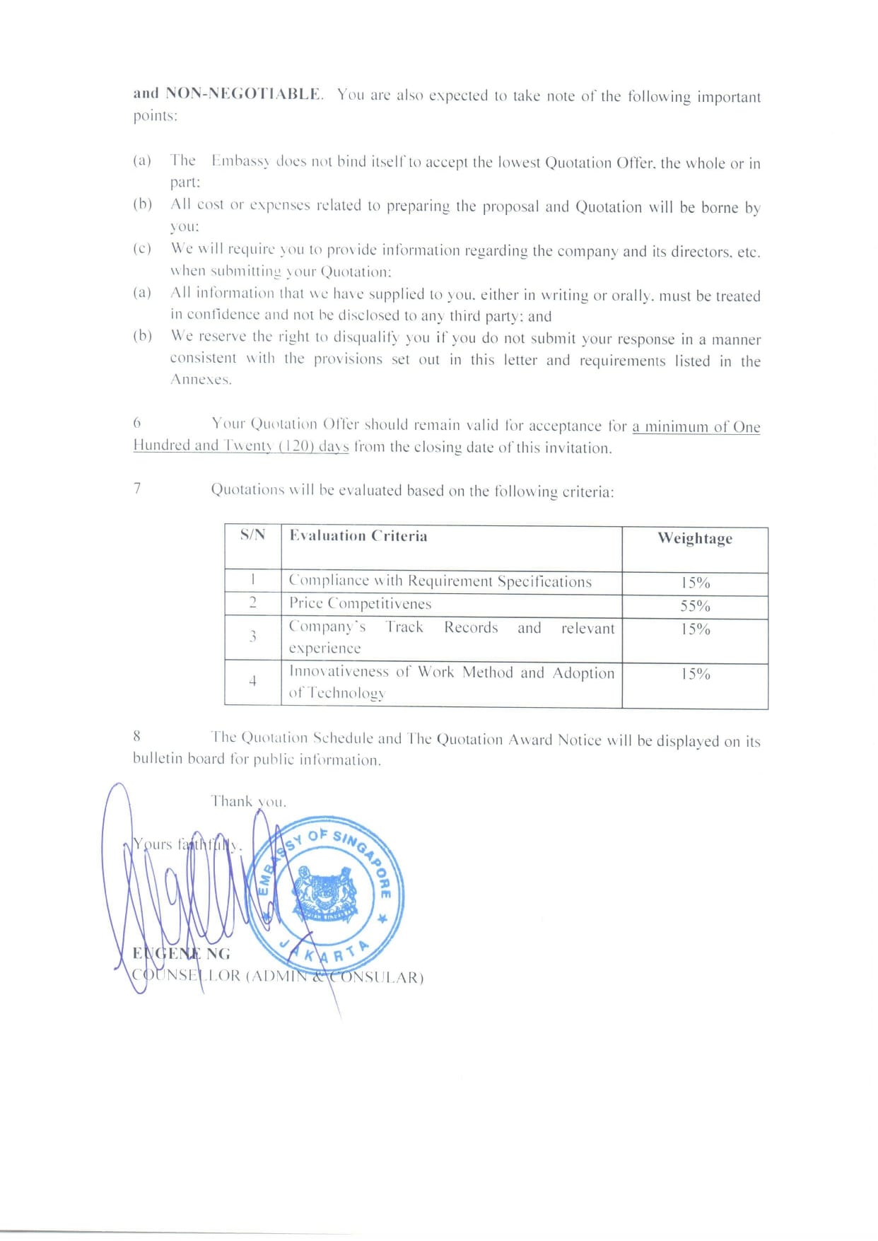 Embassy document with text, a table listing evaluation criteria, signature, and Singapore Embassy Jakarta seal.